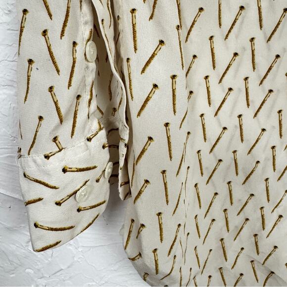 Equipment Silk Tan Brown Nail Print Button Down Shirt Womens s Whimsical Casual - Picture 2 of 9